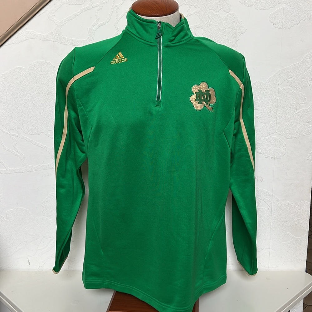 ADIDAS NOTRE DAME Green Gold Embroidered Logo Long Sleeve Quarter Zip Size L